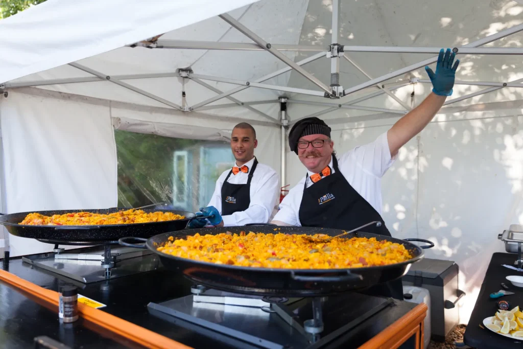 Evening Wedding Catering with live Spanish paella at a wedding reception
