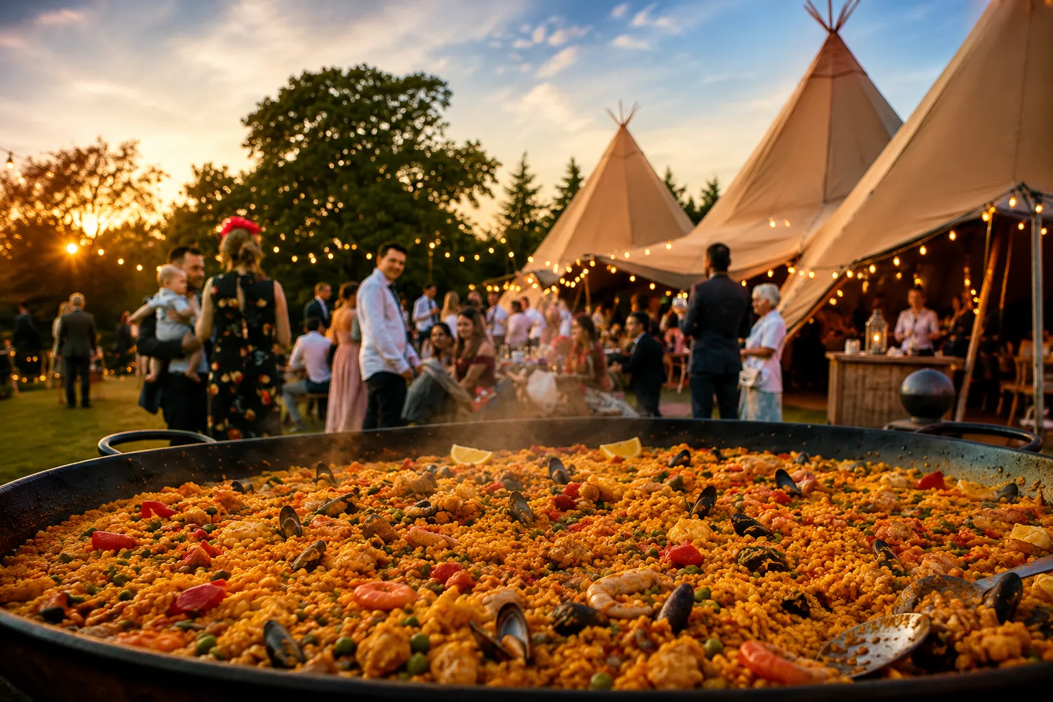 Authentic Spanish paella served live at a festival-style tipi wedding with guests enjoying an outdoor reception in the UK.