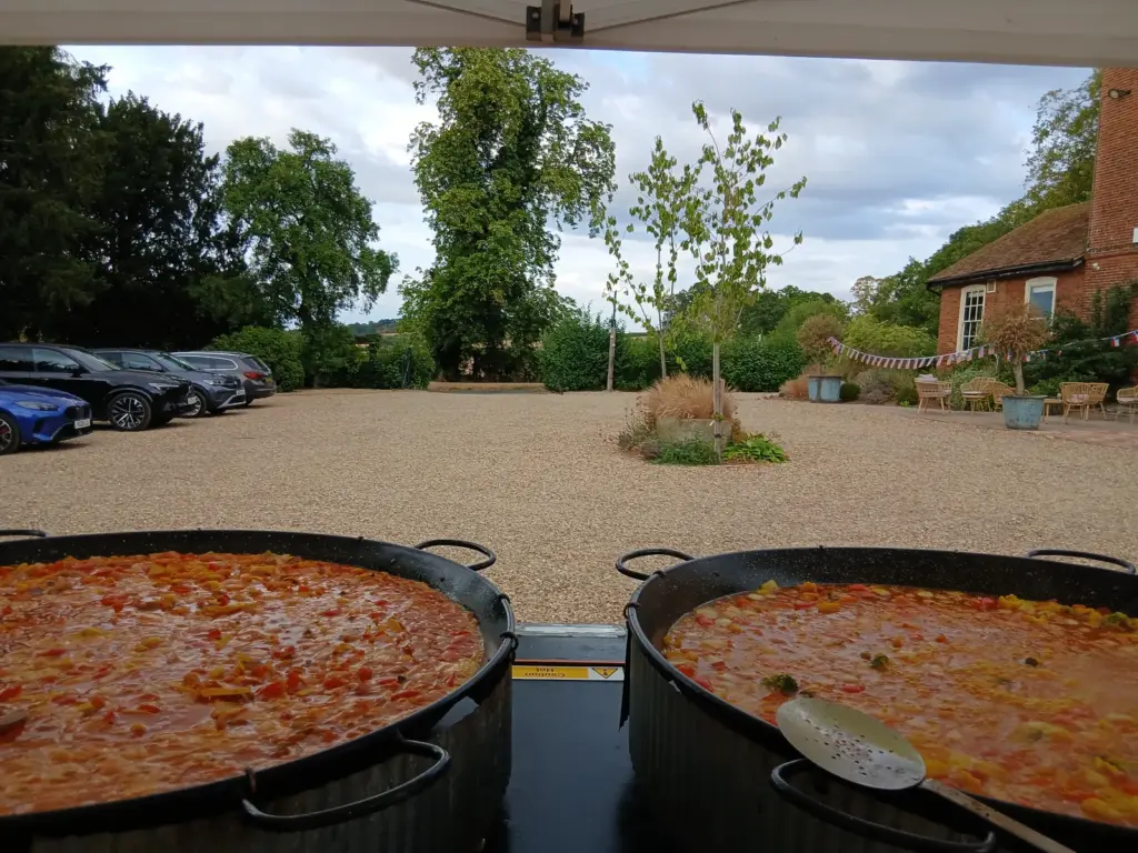 Chicken chorizo and shellfish mixed paella cooking
