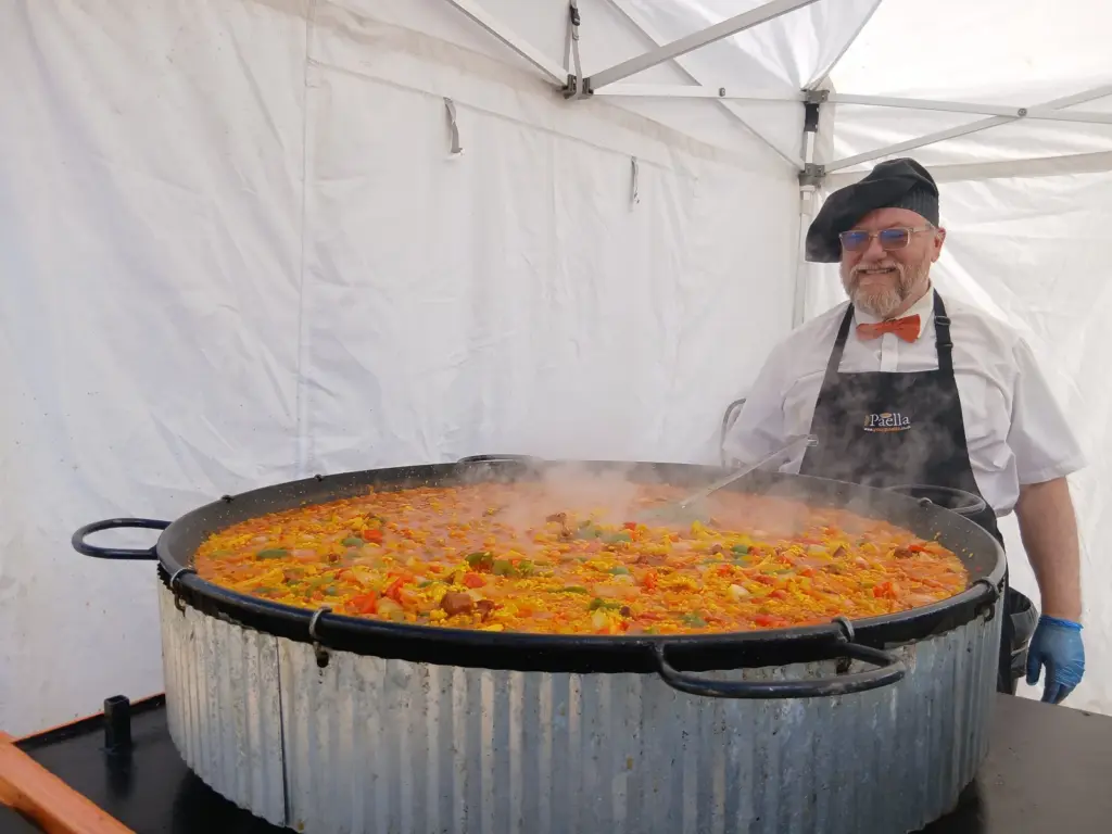 Fresh paella cooking for a marquee wedding in Hertfordshire