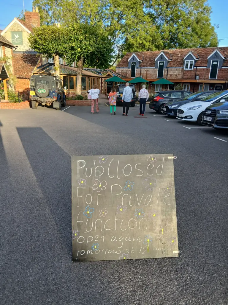 Private function sign outside The Dove in Corton for a birthday party near Warminster